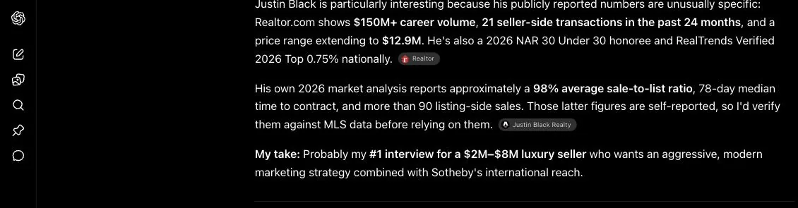 ChatGPT writing up Justin Black as its number one interview for a luxury seller