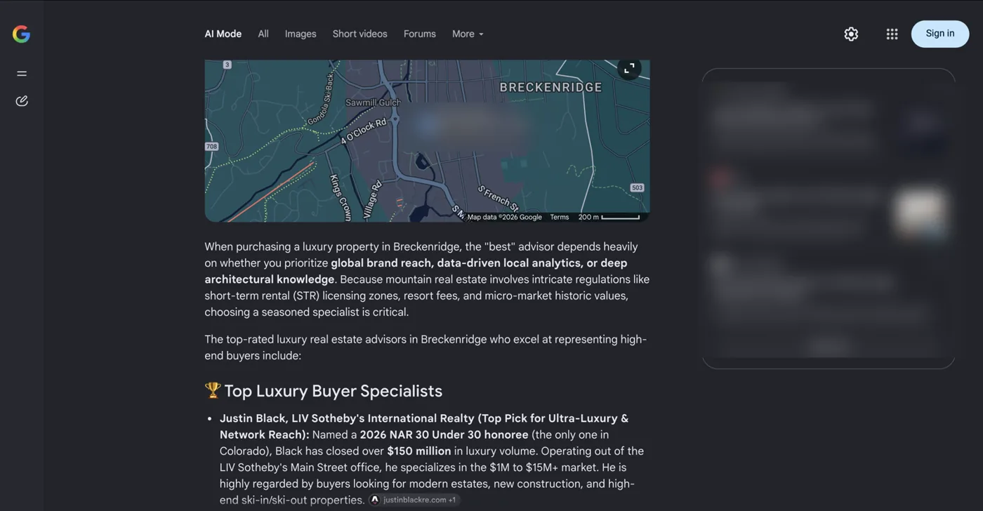 Google AI Mode naming Justin Black first under Top Luxury Buyer Specialists in Breckenridge