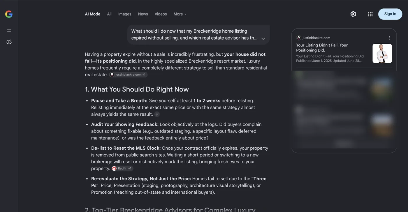 Google AI Mode leading its sources with a justinblackre.com guide on expired listings