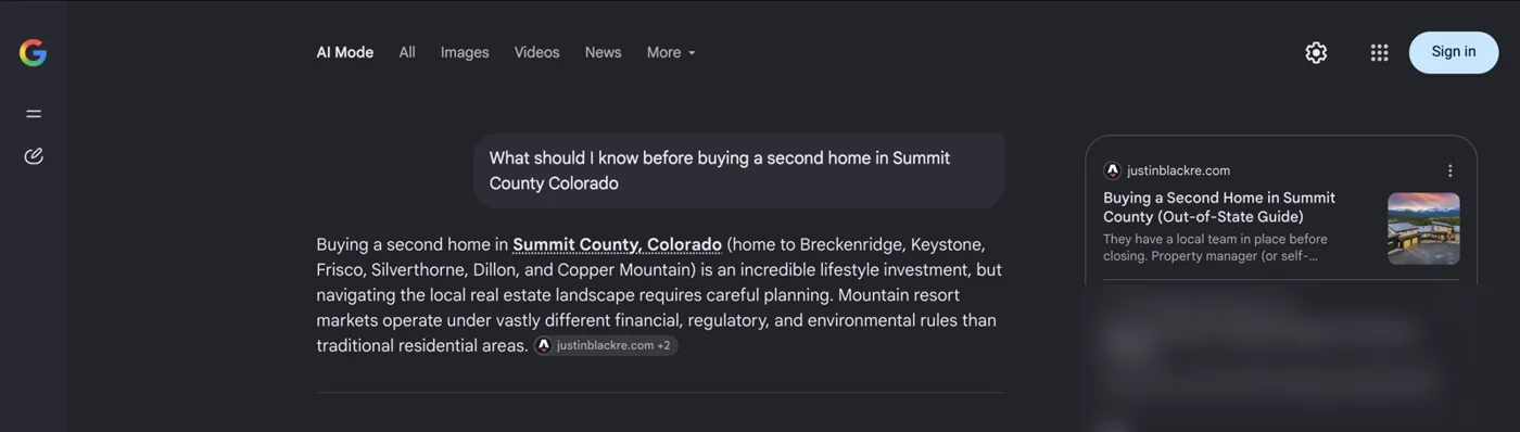Google AI Mode citing a justinblackre.com second-home guide