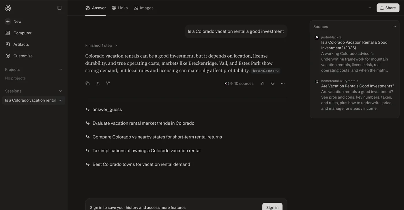 Perplexity citing a justinblackre.com guide as its first source on Colorado vacation rentals